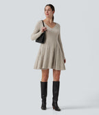 Ribbed Knit V Neck Long Sleeve Flare Mini Casual Dress with Pockets — Warm Grey Floral Velvet — view 5