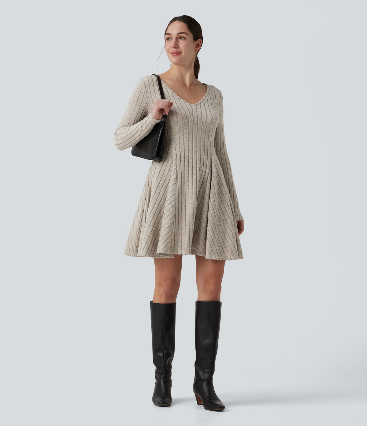 Ribbed Knit V Neck Long Sleeve Flare Mini Casual Dress with Pockets — Warm Grey Floral Velvet — view 5
