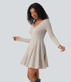 Ribbed Knit V Neck Long Sleeve Flare Mini Casual Dress with Pockets — Warm Grey Floral Velvet — view 1