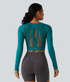 OneForm Seamless Flow Cut Out Built-in Bra Long Sleeve Yoga Tank Top — Deep Lake — view 4