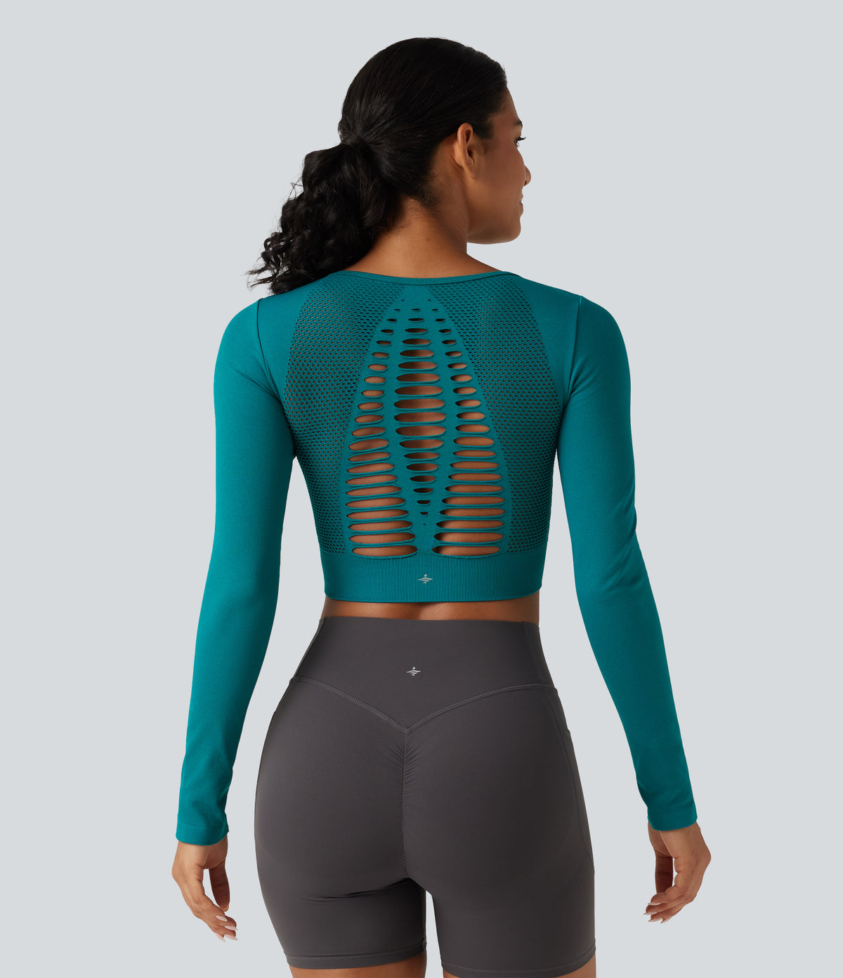 OneForm Seamless Flow Cut Out Built-in Bra Long Sleeve Yoga Tank Top — Deep Lake — view 4