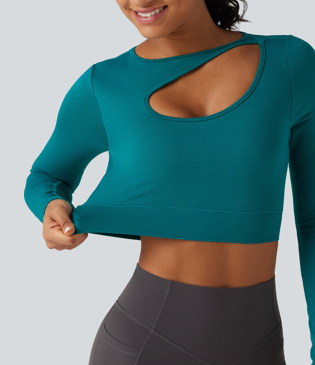 OneForm Seamless Flow Cut Out Built-in Bra Long Sleeve Yoga Tank Top — Deep Lake — view 6