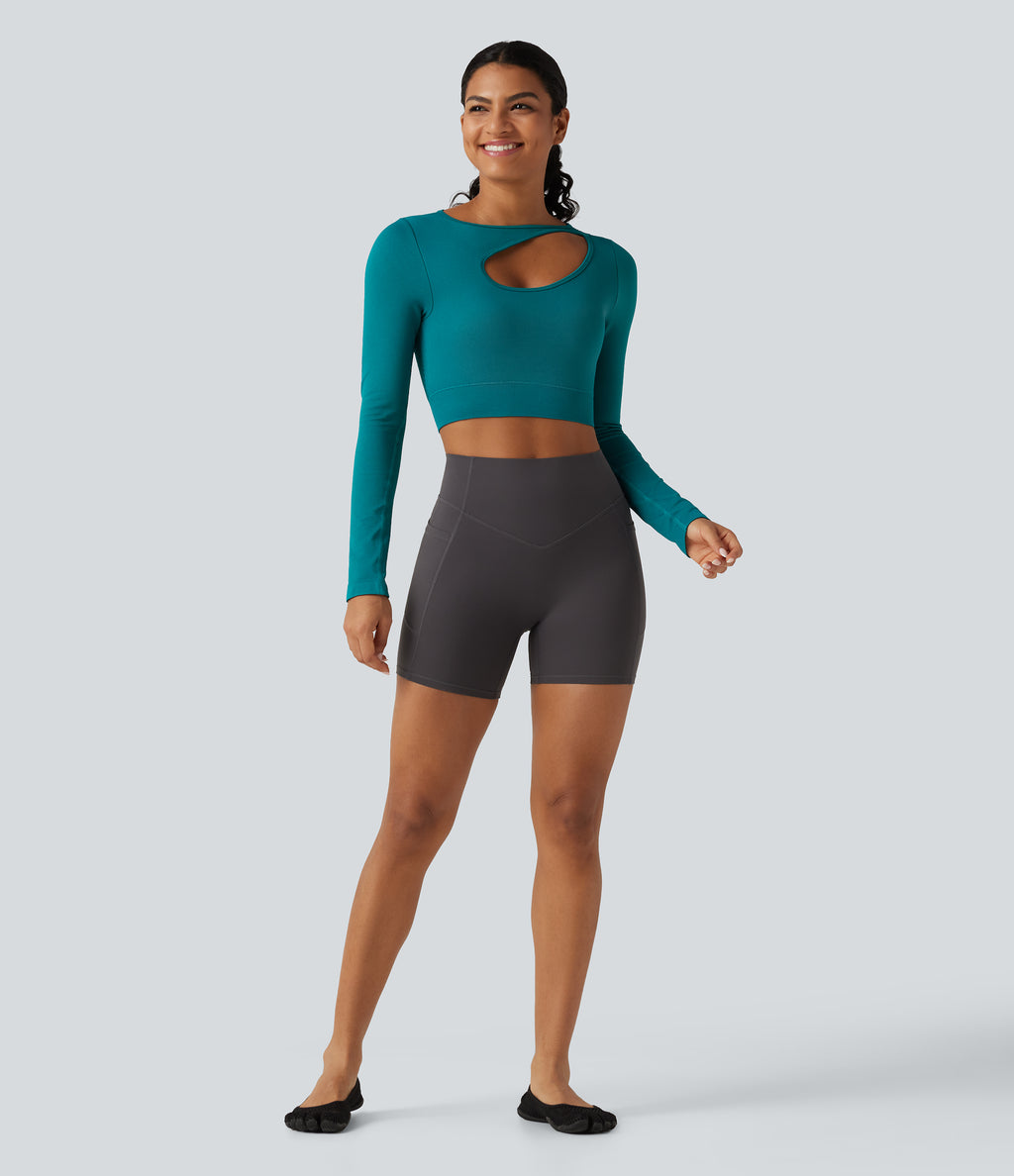 OneForm Seamless Flow Cut Out Built-in Bra Long Sleeve Yoga Tank Top — Deep Lake — view 7