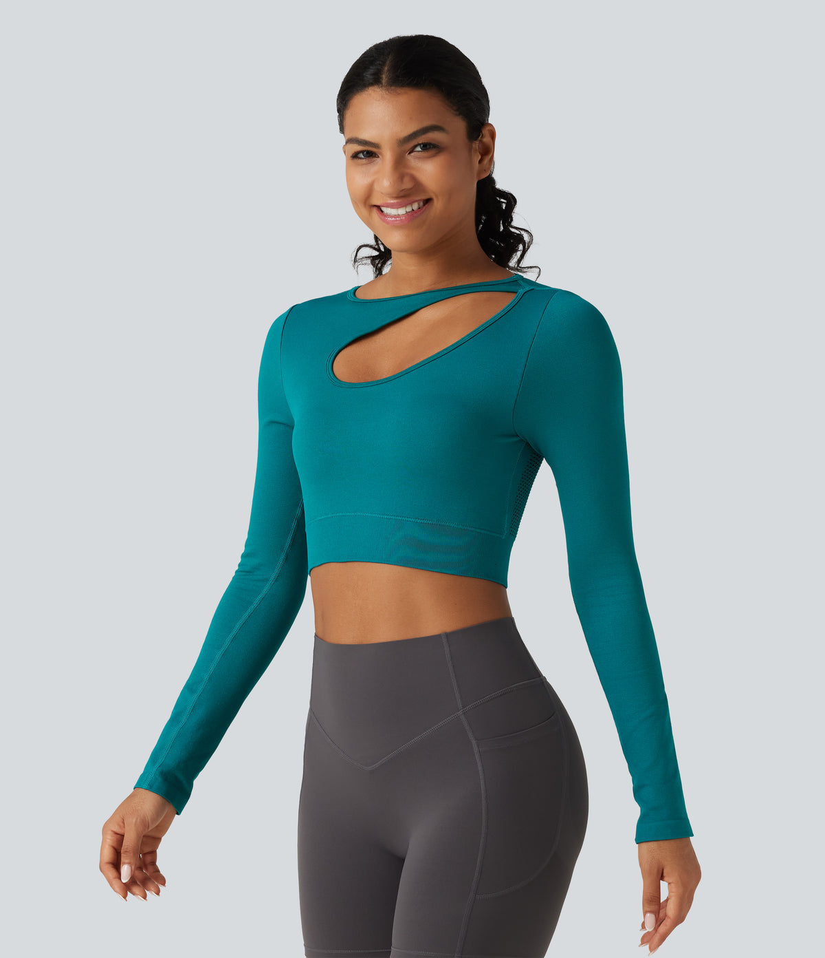 OneForm Seamless Flow Cut Out Built-in Bra Long Sleeve Yoga Tank Top — Deep Lake — view 3