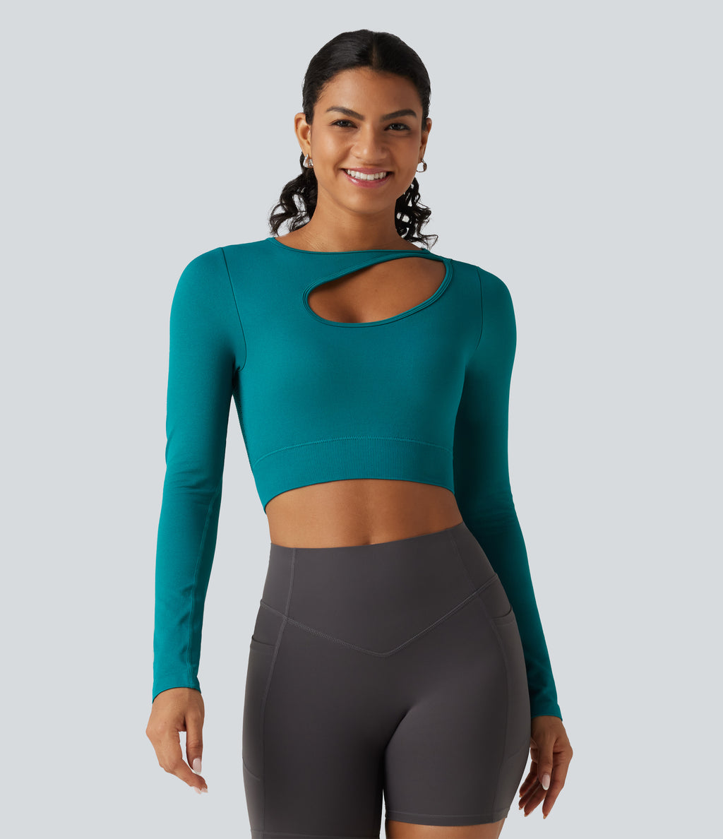 OneForm Seamless Flow Cut Out Built-in Bra Long Sleeve Yoga Tank Top — Deep Lake — view 2