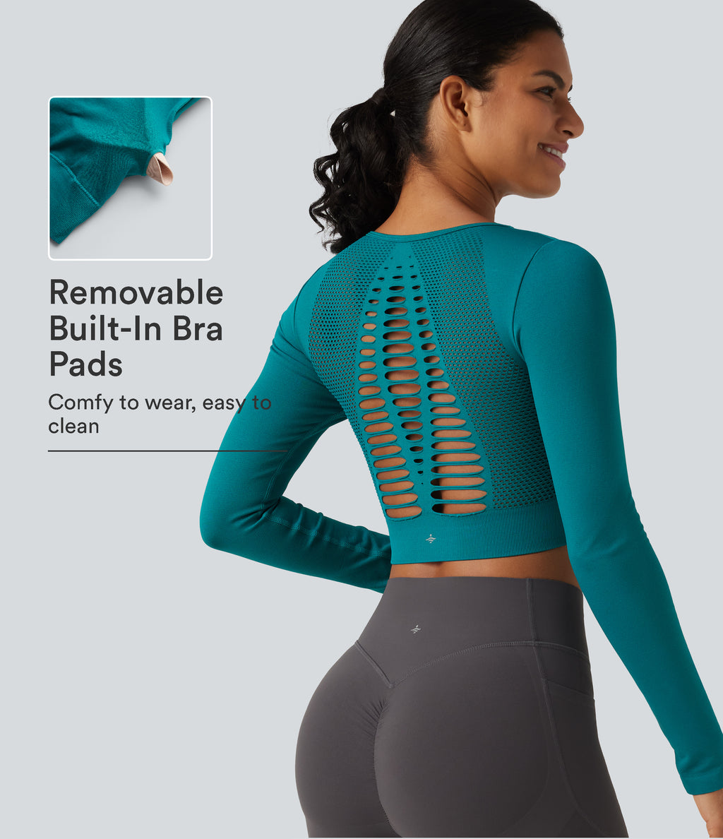 OneForm Seamless Flow Cut Out Built-in Bra Long Sleeve Yoga Tank Top — Deep Lake — view 1