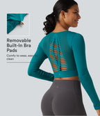 OneForm Seamless Flow Cut Out Built-in Bra Long Sleeve Yoga Tank Top — Deep Lake — view 1