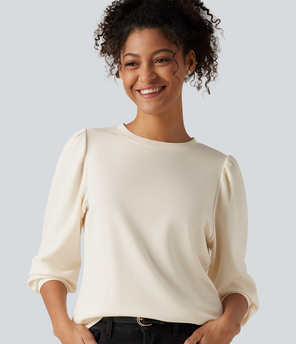 Round Neck Long Sleeve Casual Top — Snow White Oak — view 1