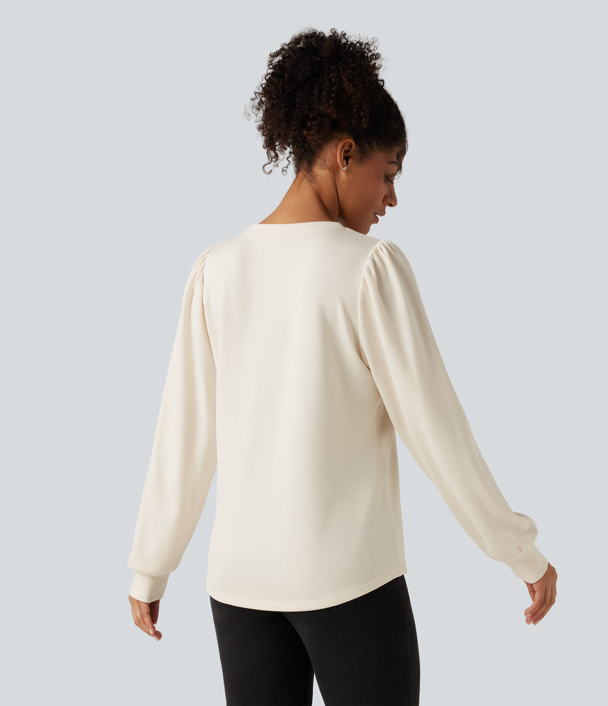 Round Neck Long Sleeve Casual Top — Snow White Oak — view 2