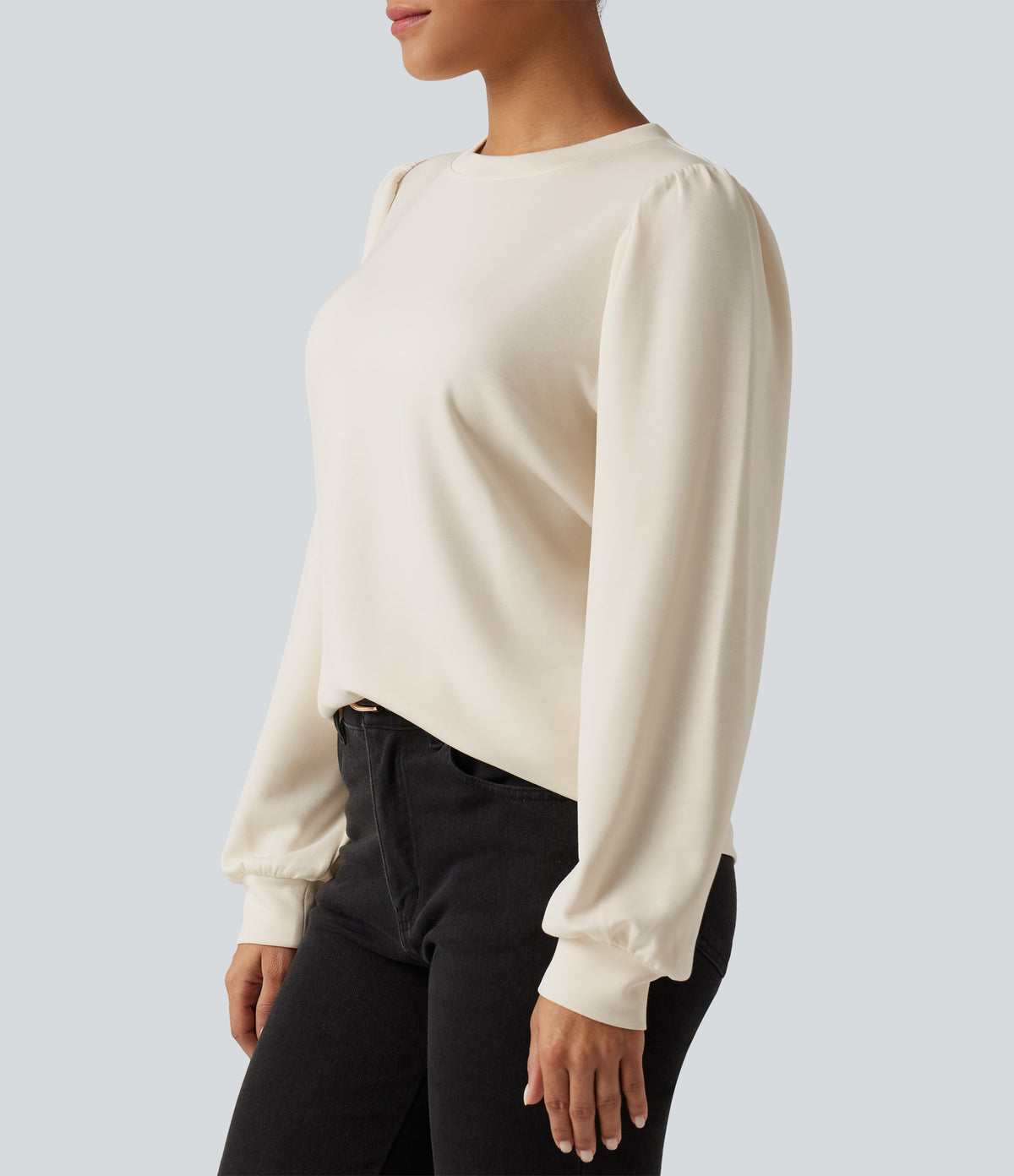 Round Neck Long Sleeve Casual Top — Snow White Oak — view 5