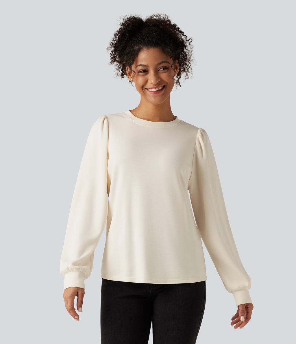 Round Neck Long Sleeve Casual Top — Snow White Oak — view 4