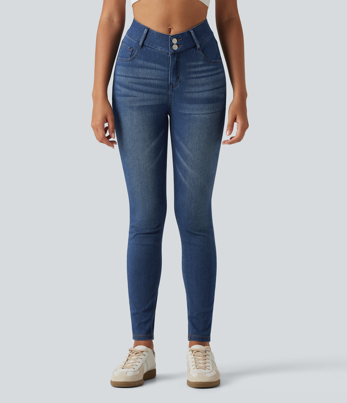 High Waisted Casual Skinny Jeans with Pockets — Tide Blue Denim — view 3