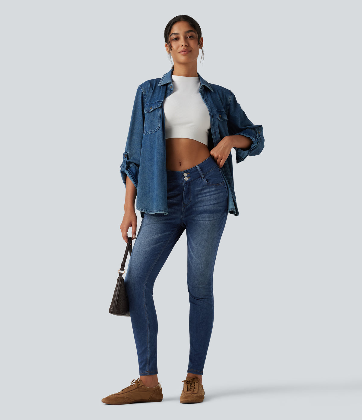 High Waisted Casual Skinny Jeans with Pockets — Tide Blue Denim — view 8