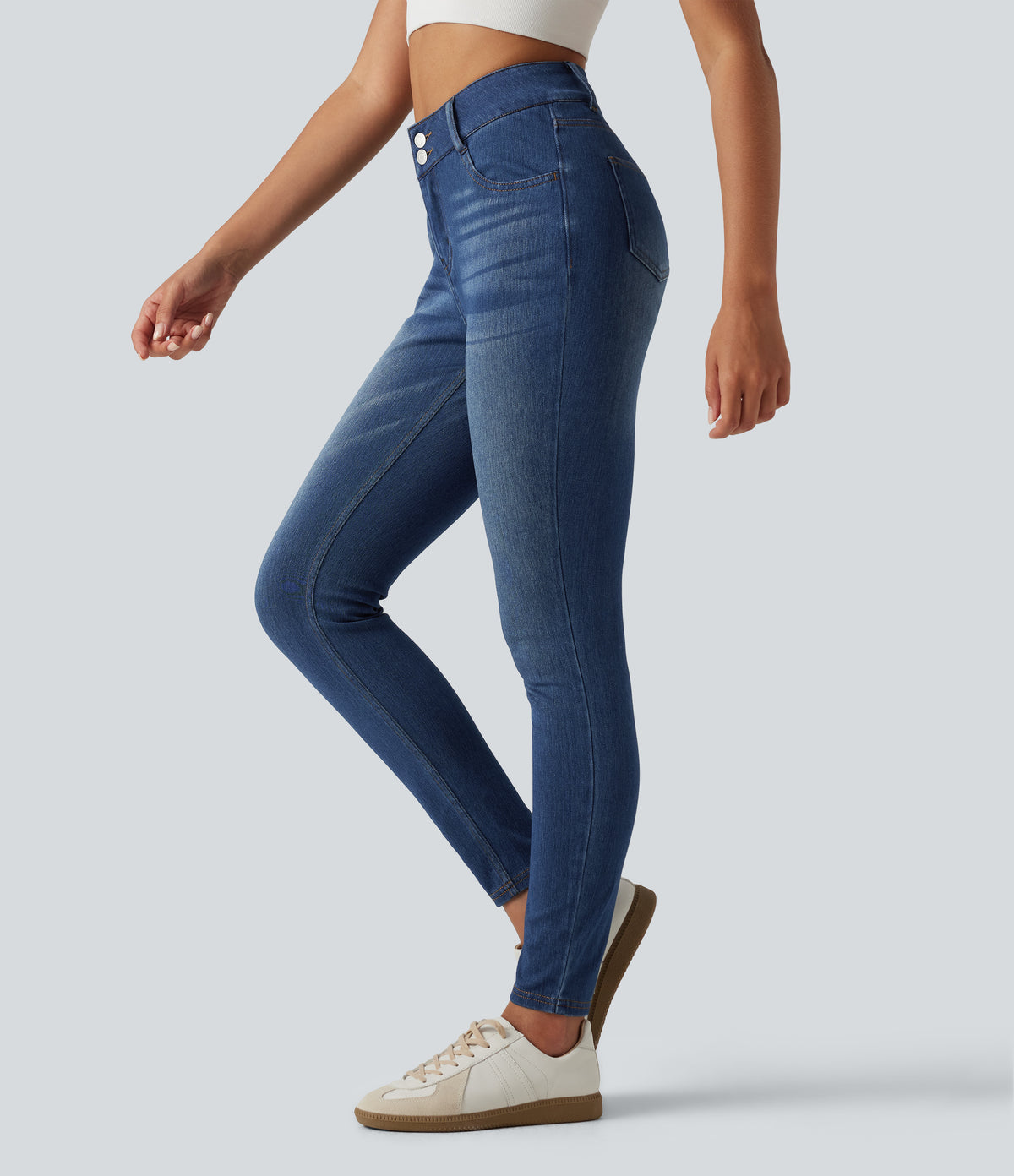 High Waisted Casual Skinny Jeans with Pockets — Tide Blue Denim — view 1