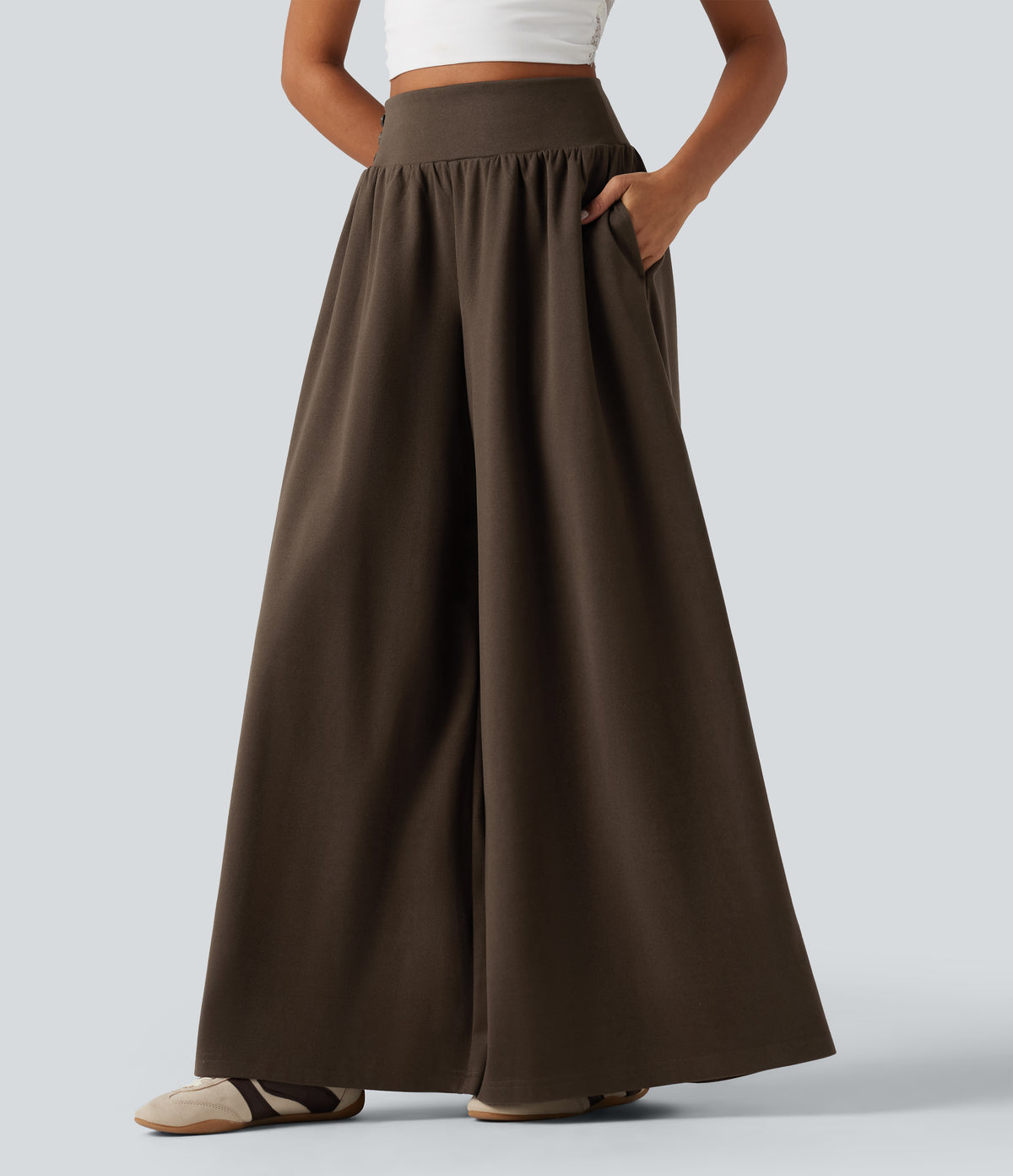 High Waisted Tummy Control Baggy Casual Trousers with Pockets — Demitasse — view 3