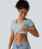 Cotton Jersey Scoop Neck Short Sleeve Built-in Bra Casual T-Shirt B-DD Cups — Sterling Blue — view 9