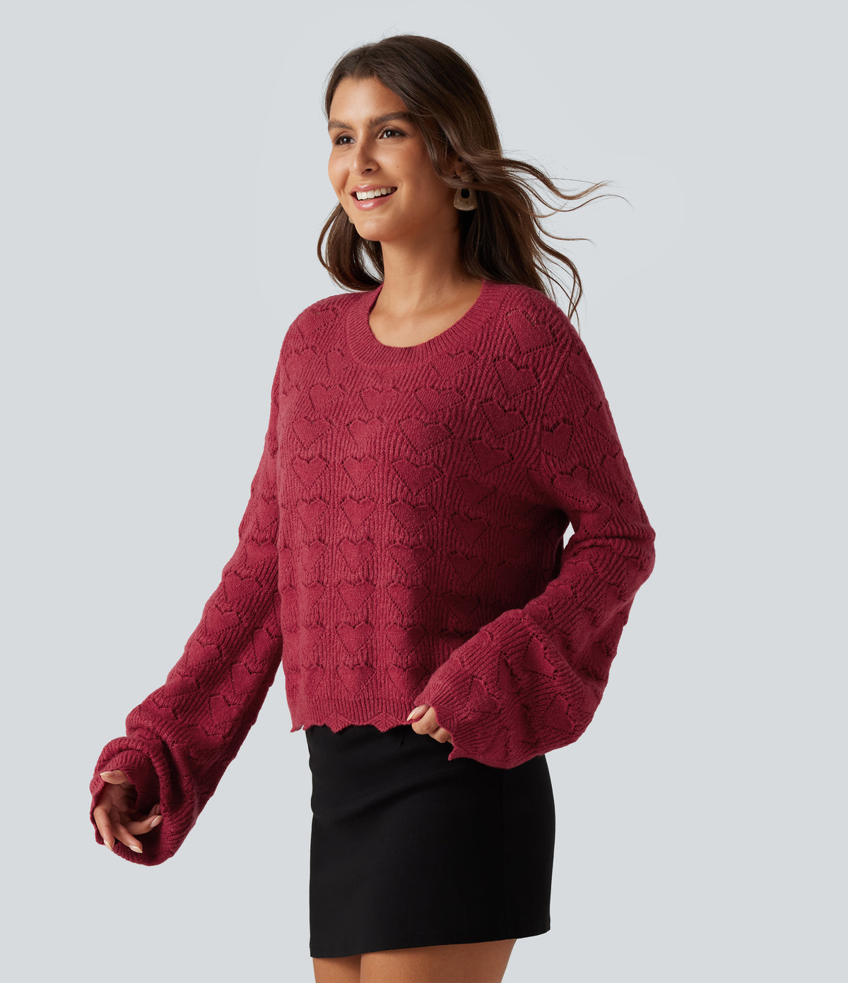 Round Neck Dropped Shoulder Long Sleeve Casual Jumper — Karanda Red — view 3