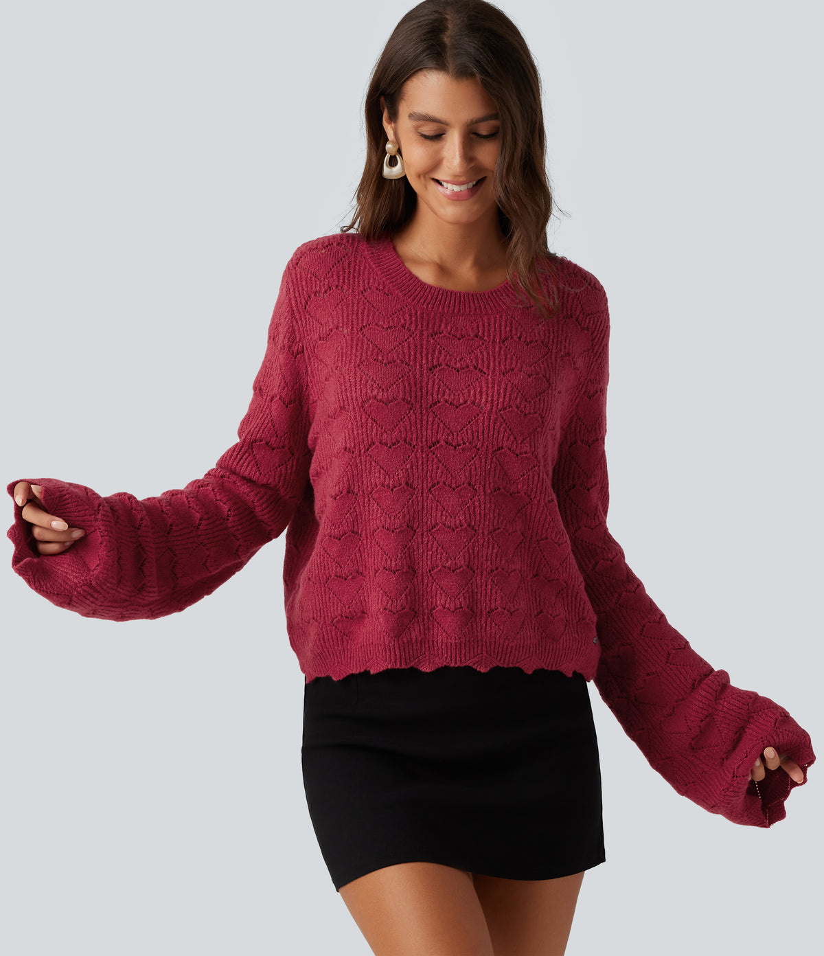 Round Neck Dropped Shoulder Long Sleeve Casual Jumper — Karanda Red — view 4