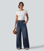 Mid Rise Wide Leg Casual Jeans with Pockets — Pageant Blue Denim — view 7