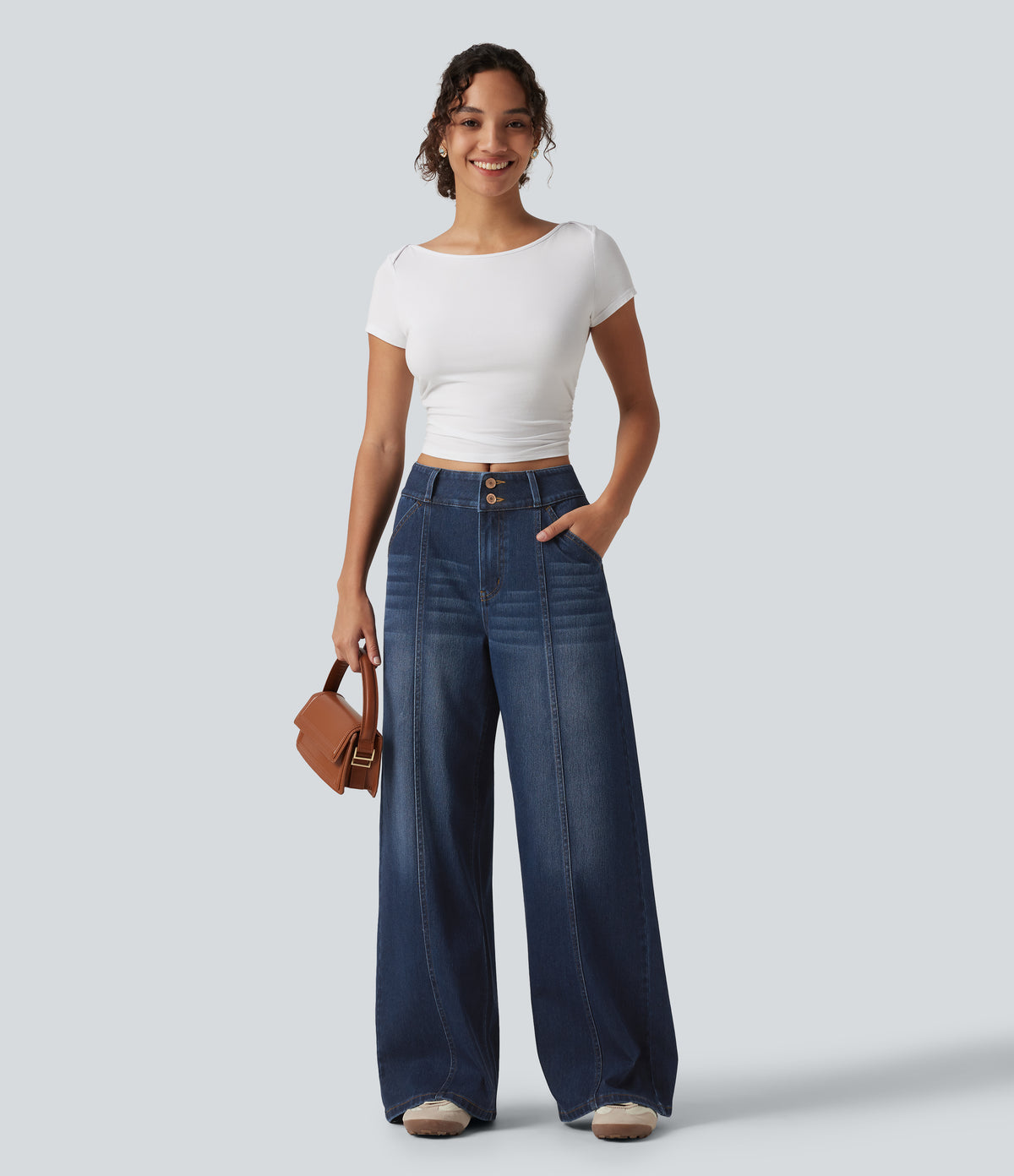 Mid Rise Wide Leg Casual Jeans with Pockets — Pageant Blue Denim — view 7