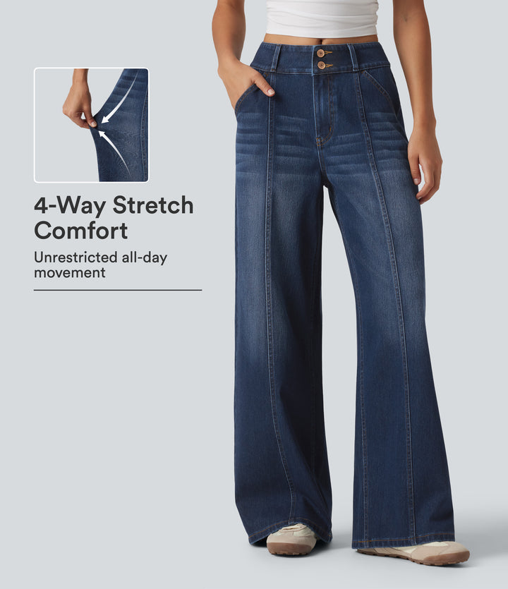 Mid Rise Wide Leg Casual Jeans with Pockets — Pageant Blue Denim — view 1