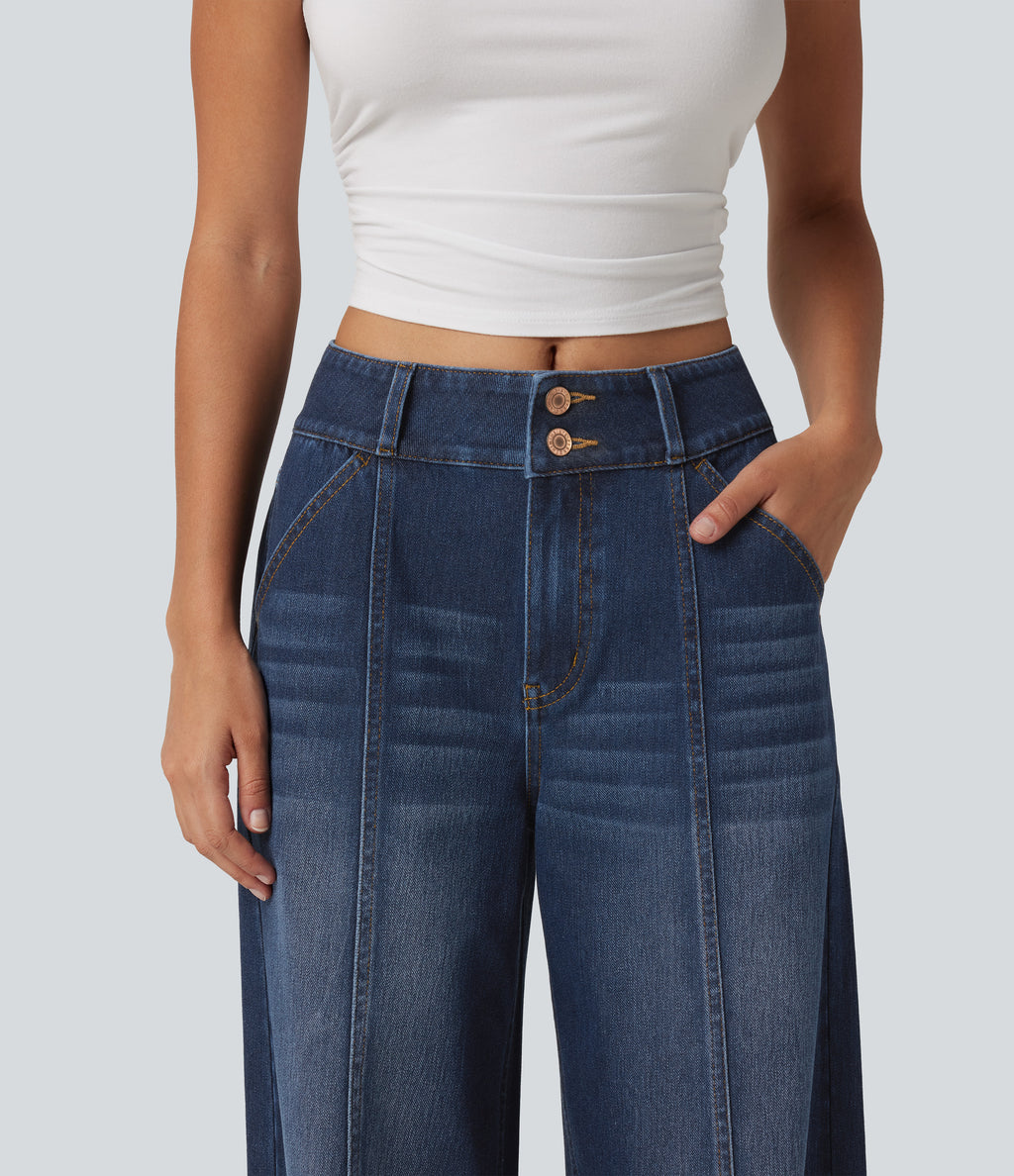 Mid Rise Wide Leg Casual Jeans with Pockets — Pageant Blue Denim — view 4