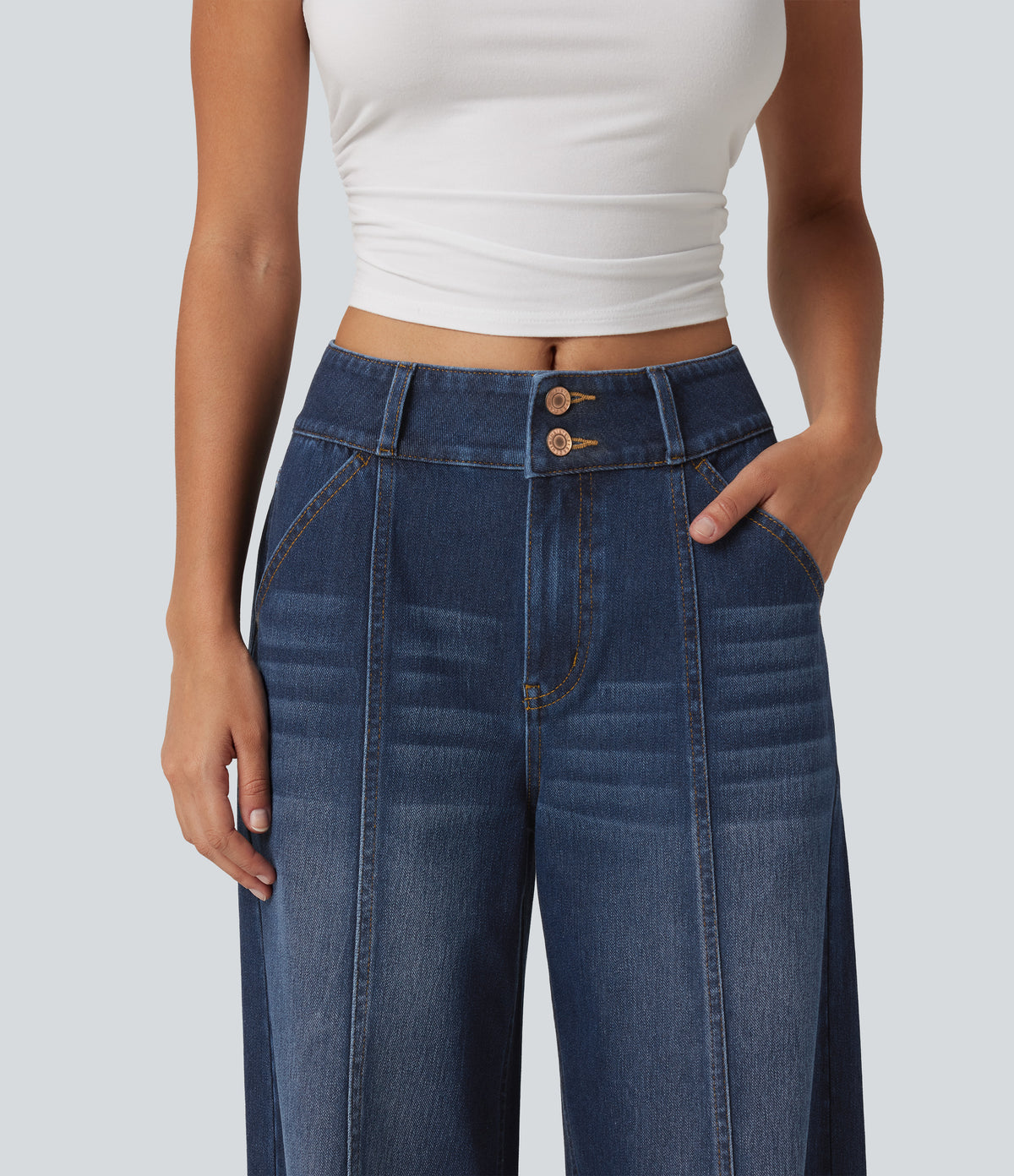 Mid Rise Wide Leg Casual Jeans with Pockets — Pageant Blue Denim — view 4