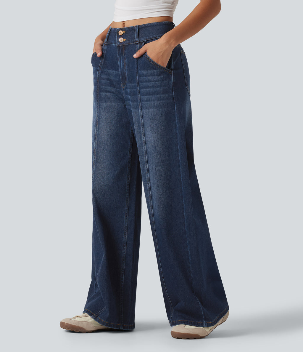 Mid Rise Wide Leg Casual Jeans with Pockets — Pageant Blue Denim — view 3