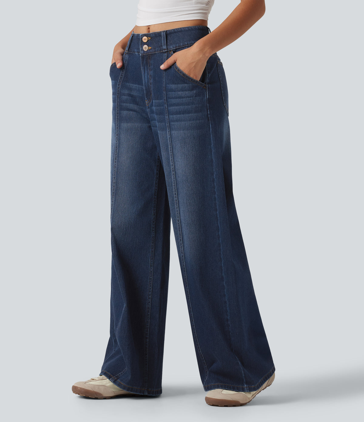 Mid Rise Wide Leg Casual Jeans with Pockets — Pageant Blue Denim — view 3