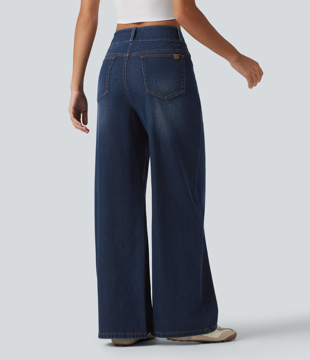 Mid Rise Wide Leg Casual Jeans with Pockets — Pageant Blue Denim — view 2