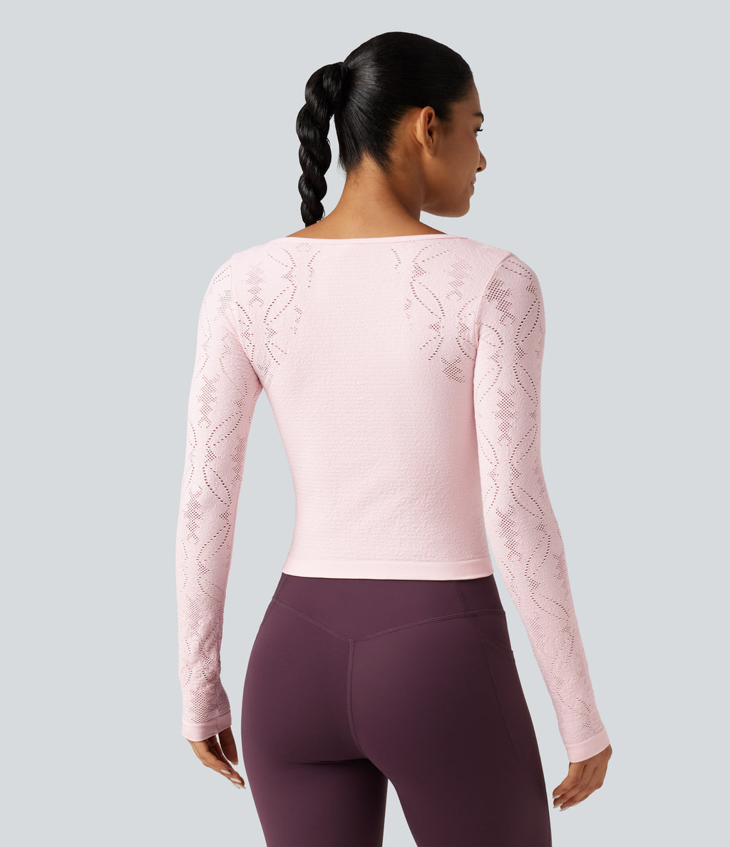OneForm Seamless Flow Scoop Neck Long Sleeve Eyelet Yoga Sports Top — Raindrops on Roses — view 2