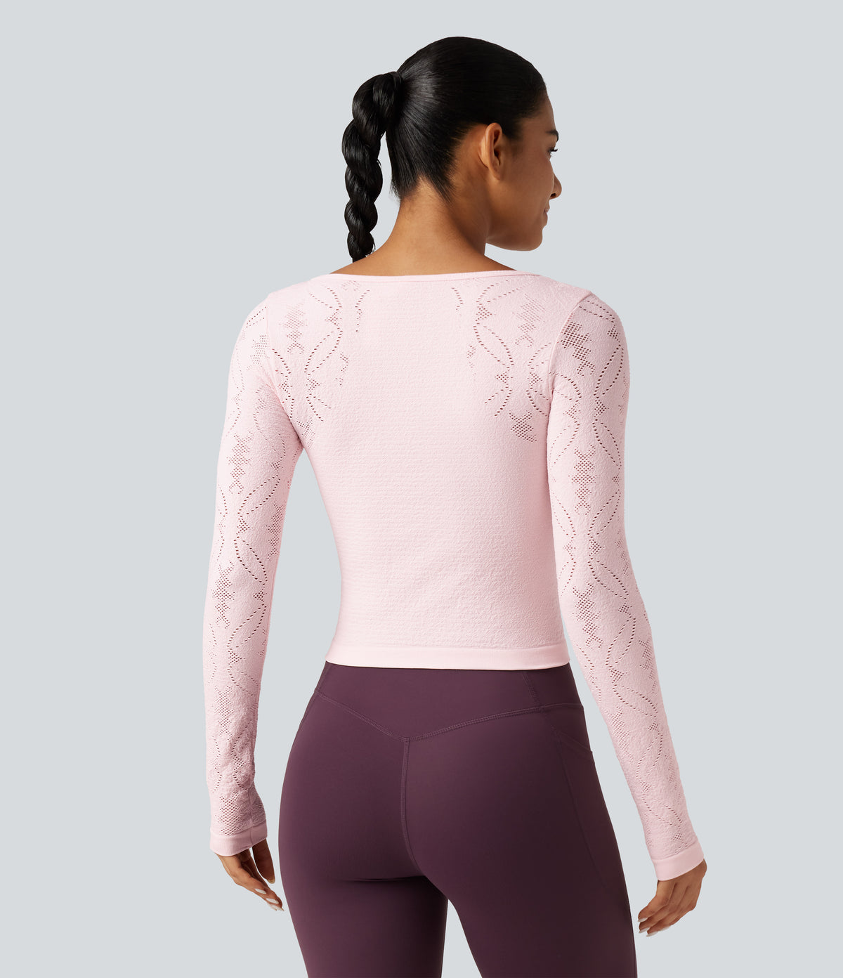 OneForm Seamless Flow Scoop Neck Long Sleeve Eyelet Yoga Sports Top — Raindrops on Roses — view 2
