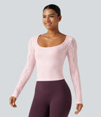 OneForm Seamless Flow Scoop Neck Long Sleeve Eyelet Yoga Sports Top — Raindrops on Roses — view 3