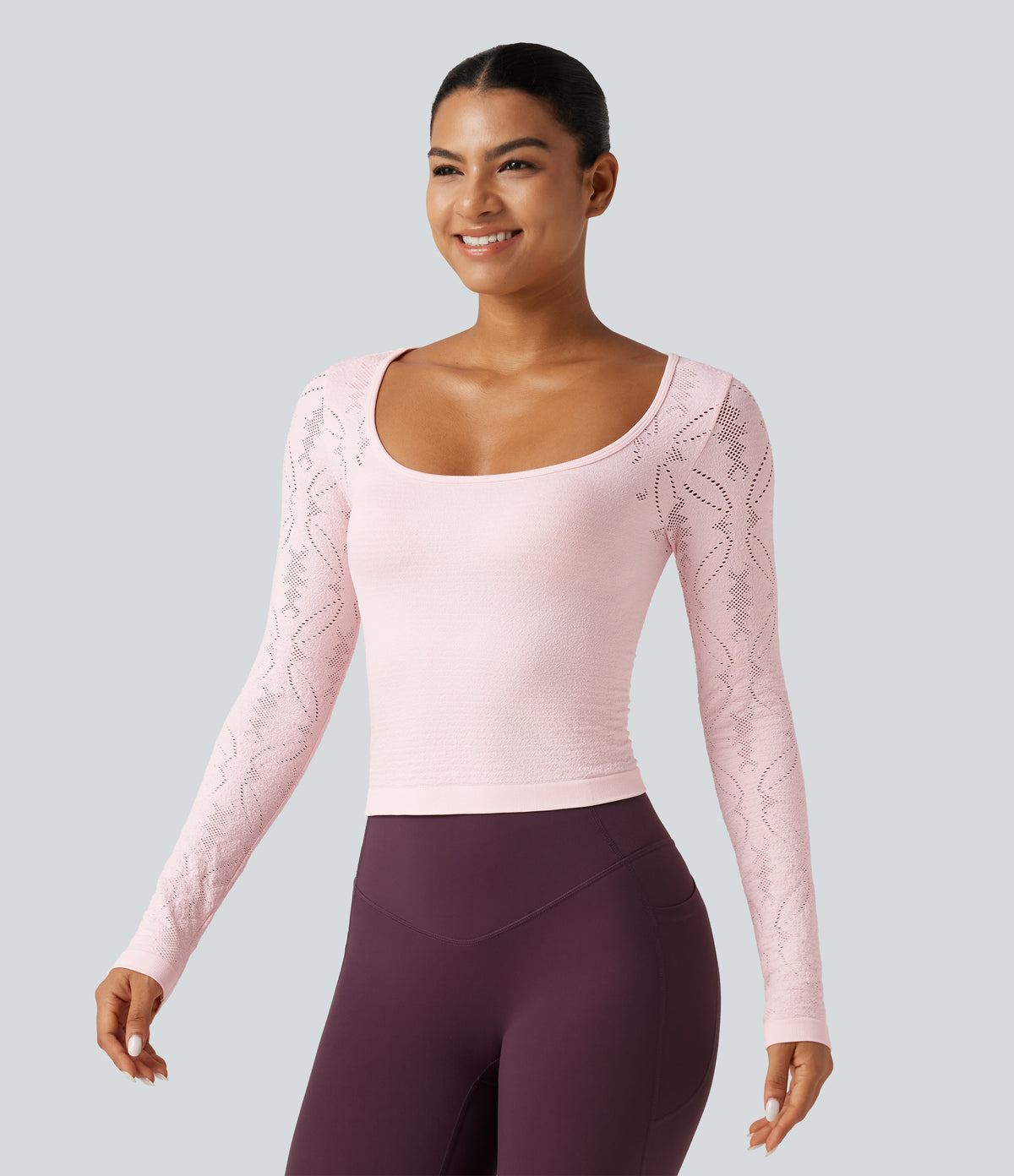 OneForm Seamless Flow Scoop Neck Long Sleeve Eyelet Yoga Sports Top — Raindrops on Roses — view 3