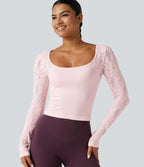OneForm Seamless Flow Scoop Neck Long Sleeve Eyelet Yoga Sports Top — Raindrops on Roses — view 1