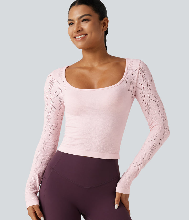 OneForm Seamless Flow Scoop Neck Long Sleeve Eyelet Yoga Sports Top — Raindrops on Roses — view 1