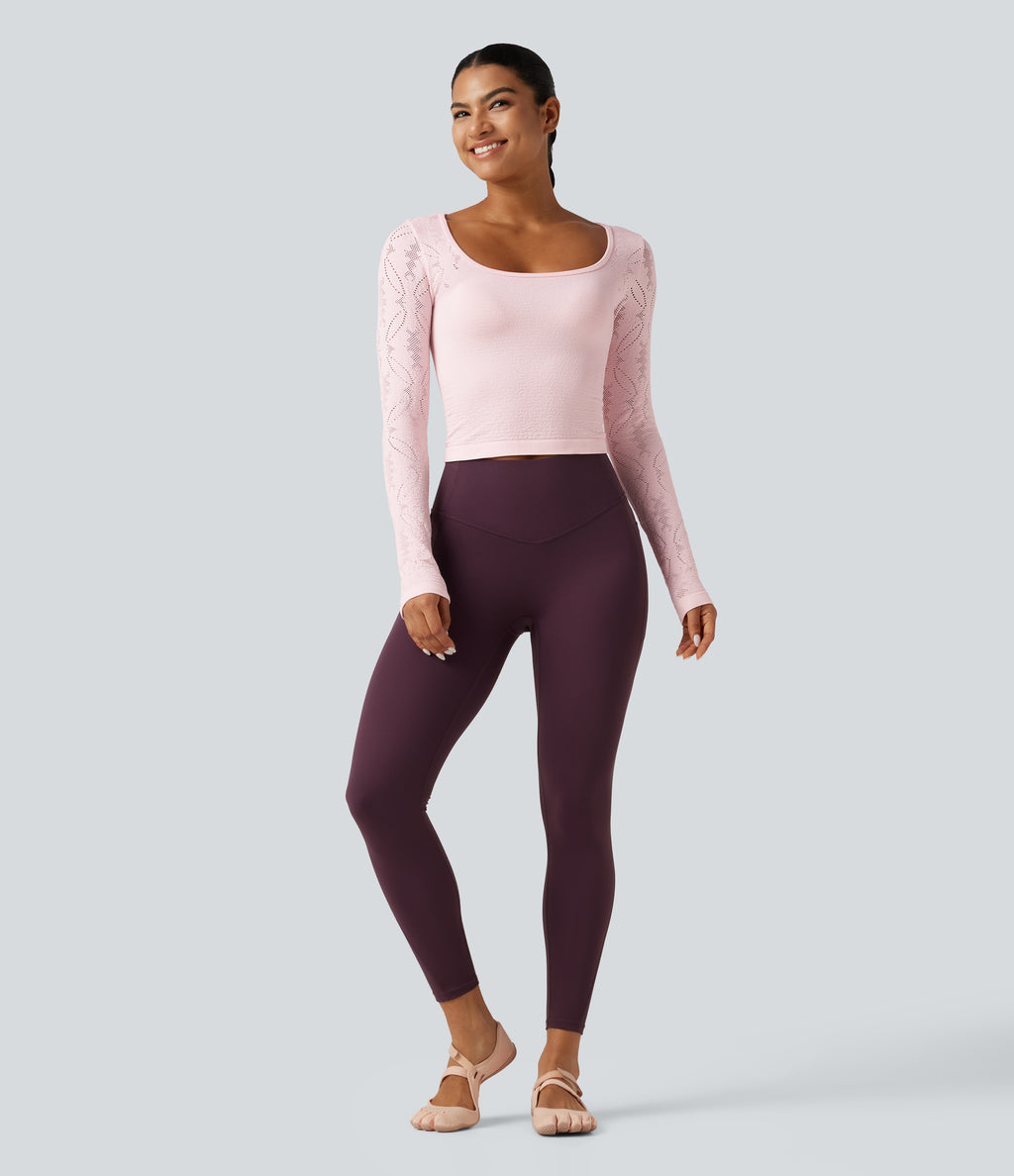 OneForm Seamless Flow Scoop Neck Long Sleeve Eyelet Yoga Sports Top — Raindrops on Roses — view 6