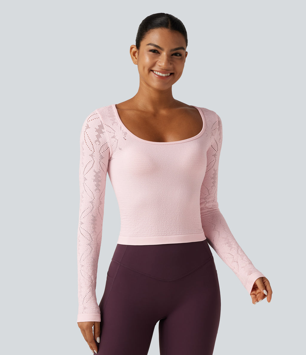 OneForm Seamless Flow Scoop Neck Long Sleeve Eyelet Yoga Sports Top — Raindrops on Roses — view 4