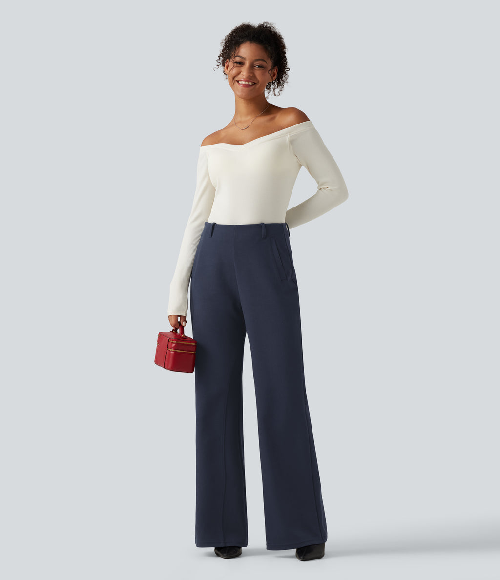 Mid Rise Flare Casual Cotton Sweatpants with Pockets — Navy Blazer — view 7