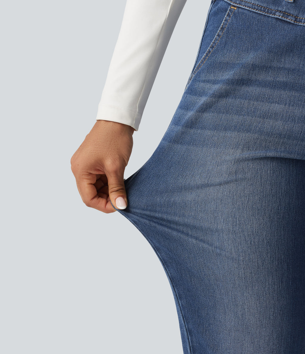 High Waisted Drawstring Casual Jeans with Pockets — Estate Blue Denim — view 7