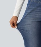 High Waisted Drawstring Casual Jeans with Pockets — Estate Blue Denim — view 7
