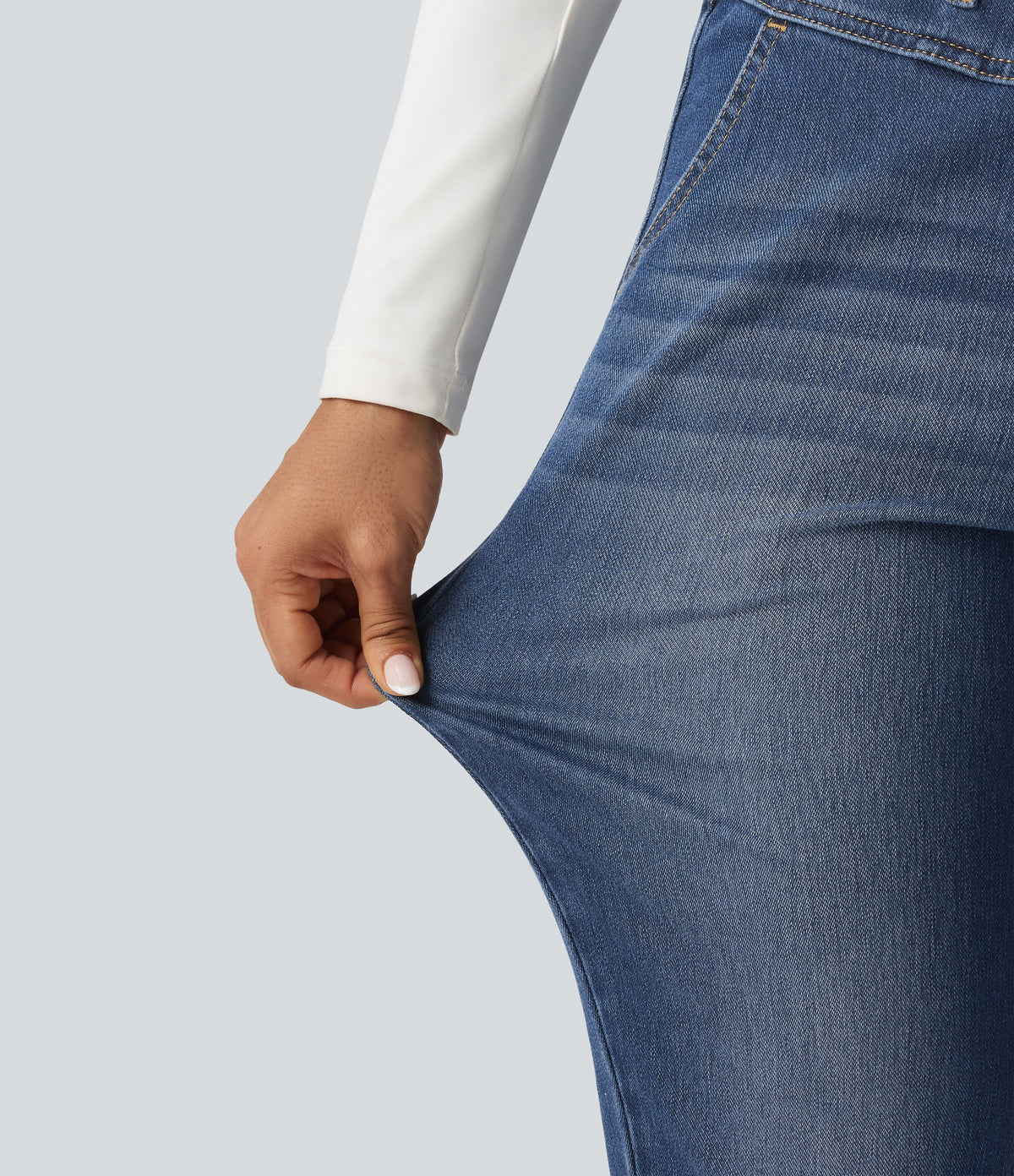High Waisted Drawstring Casual Jeans with Pockets — Estate Blue Denim — view 7