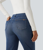 High Waisted Drawstring Casual Jeans with Pockets — Estate Blue Denim — view 5