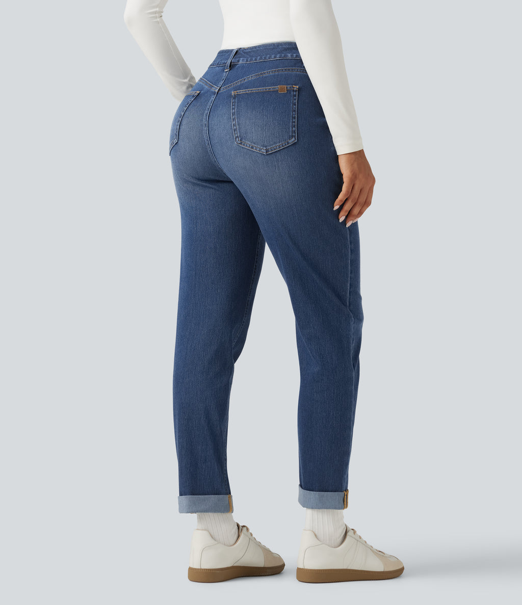 High Waisted Drawstring Casual Jeans with Pockets — Estate Blue Denim — view 2