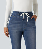 High Waisted Drawstring Casual Jeans with Pockets — Estate Blue Denim — view 4