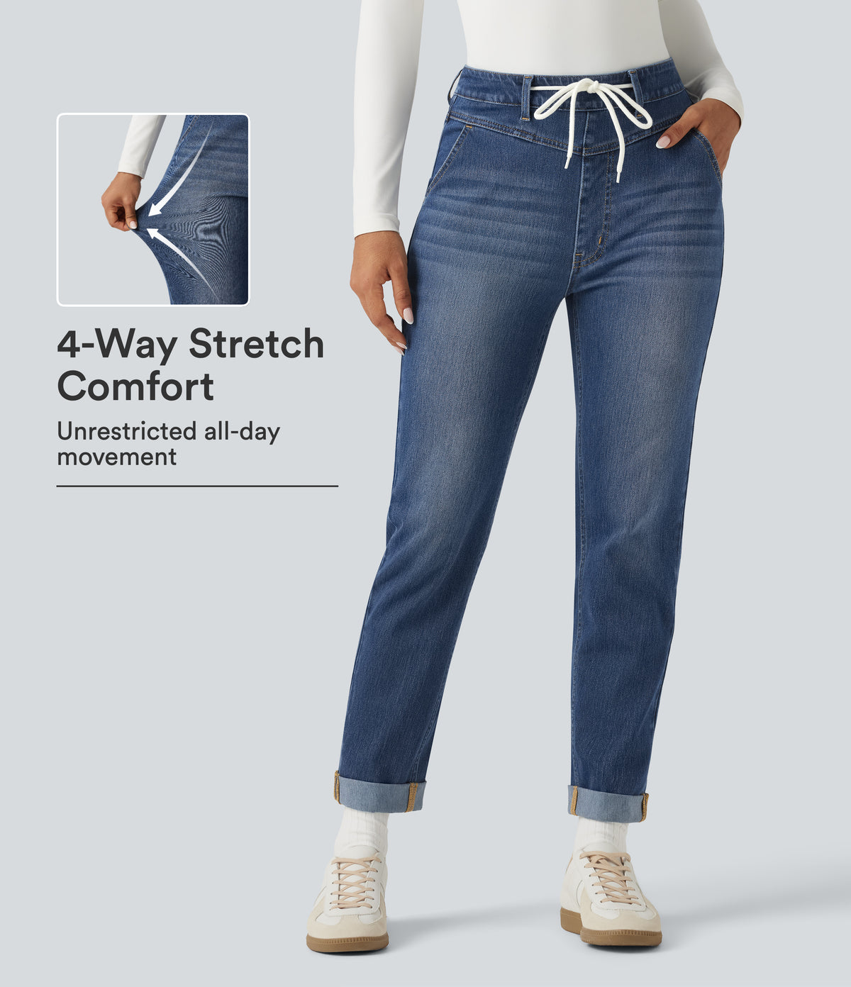 High Waisted Drawstring Casual Jeans with Pockets — Estate Blue Denim — view 1