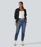 High Waisted Drawstring Casual Jeans with Pockets — Estate Blue Denim — view 8