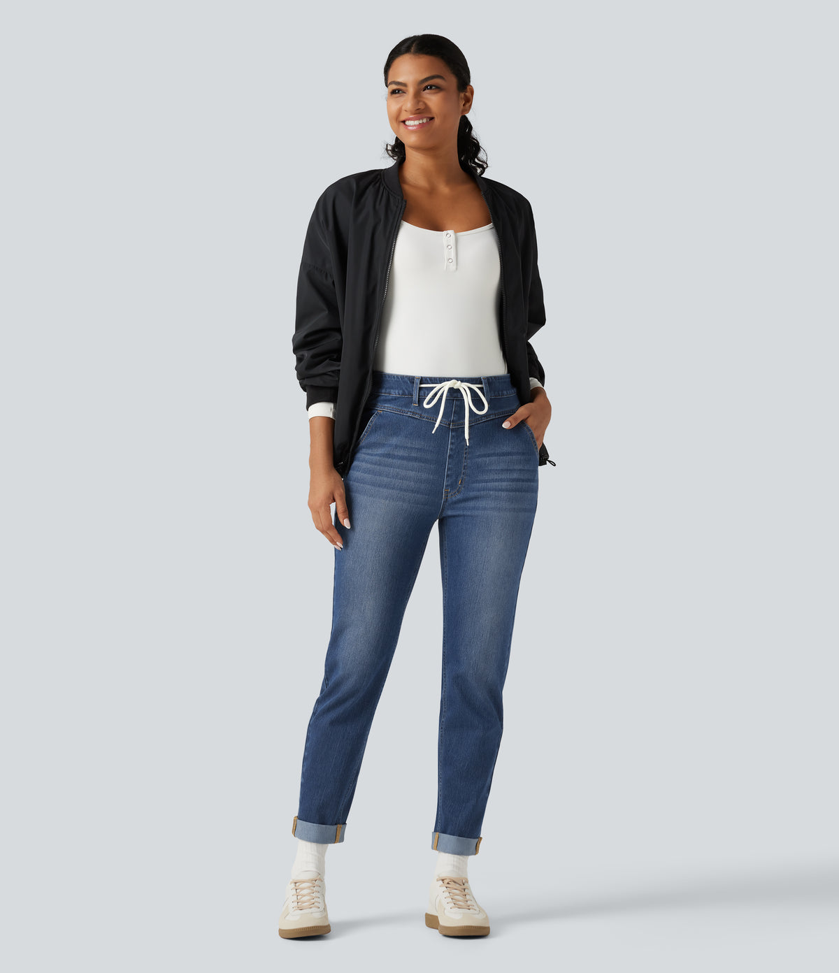 High Waisted Drawstring Casual Jeans with Pockets — Estate Blue Denim — view 8