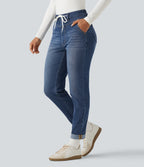 High Waisted Drawstring Casual Jeans with Pockets — Estate Blue Denim — view 3
