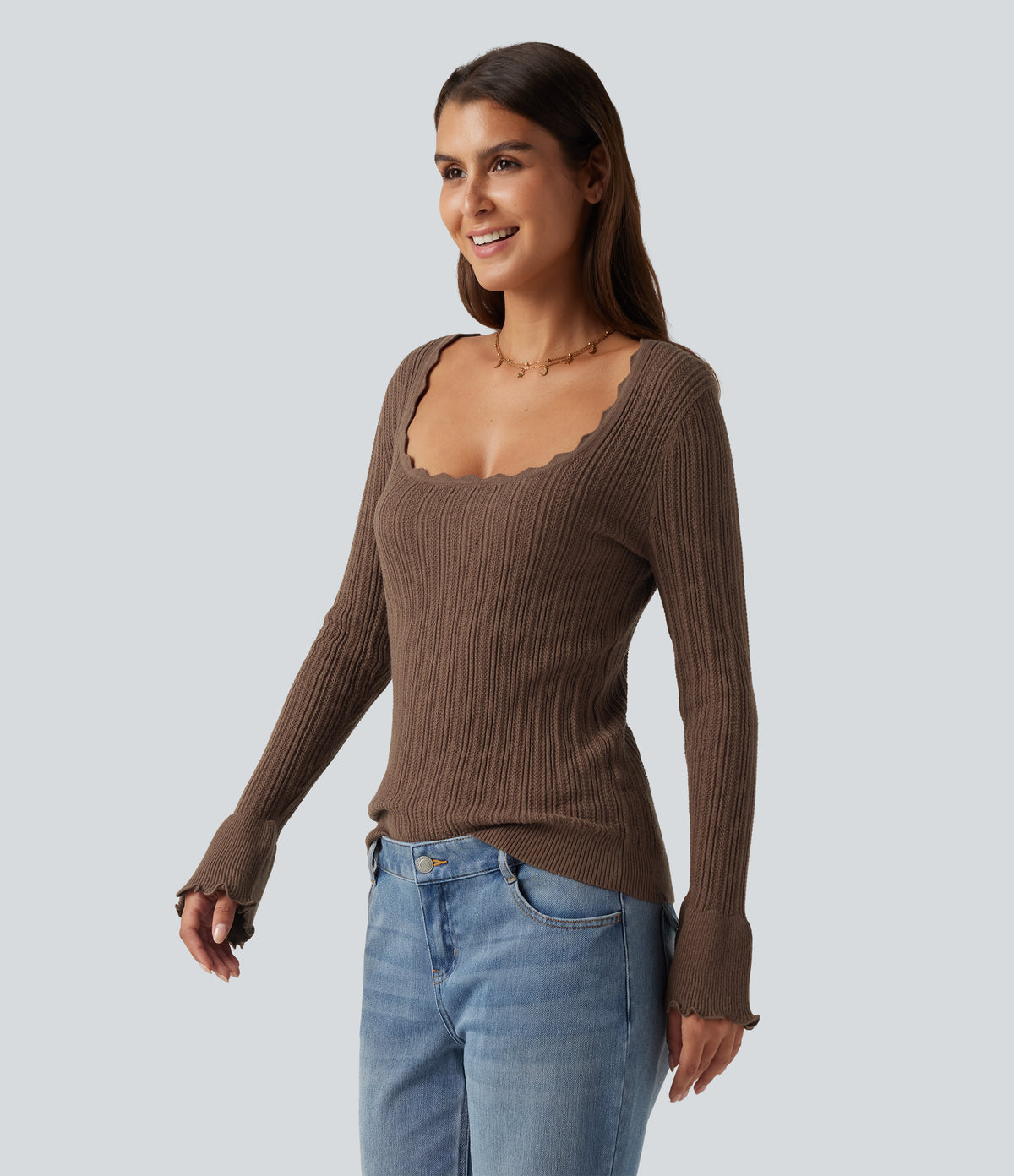 Square Neck Long Sleeve Casual Jumper — Maple Spice — view 3
